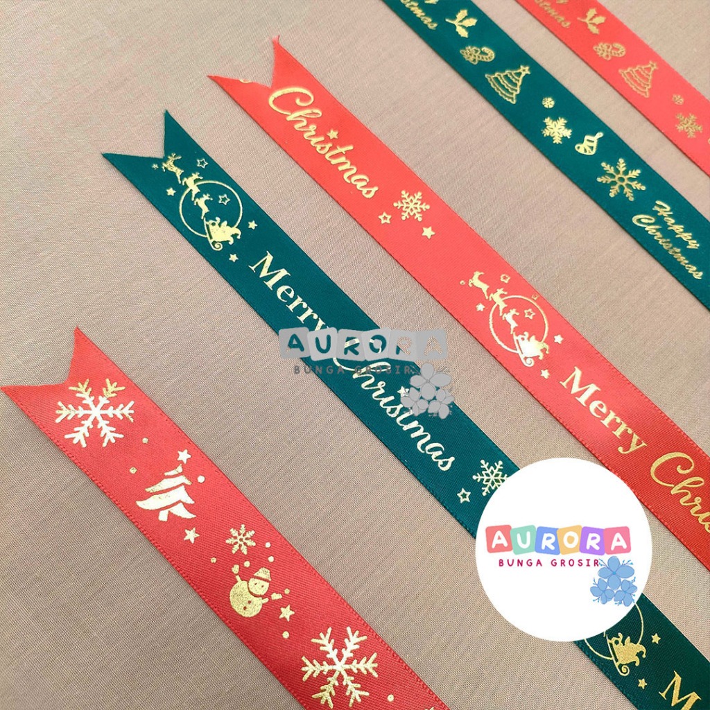 

(1 Meter) Pita Natal Pita Satin Christmas Ribbon Gift Hampers Kado Dekorasi Natal Motif Merry Christmas