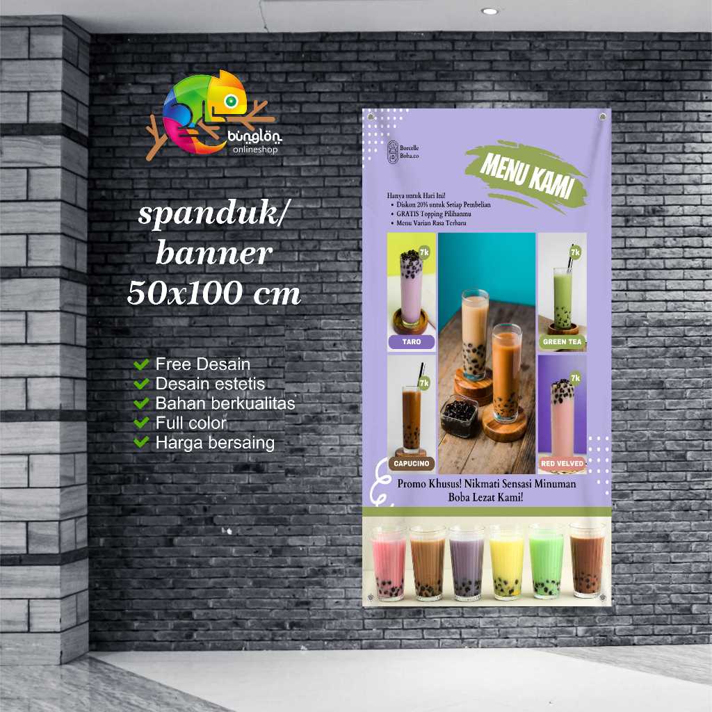 Cetak Spanduk Banner Ungu Modern Menu Minuman Boba