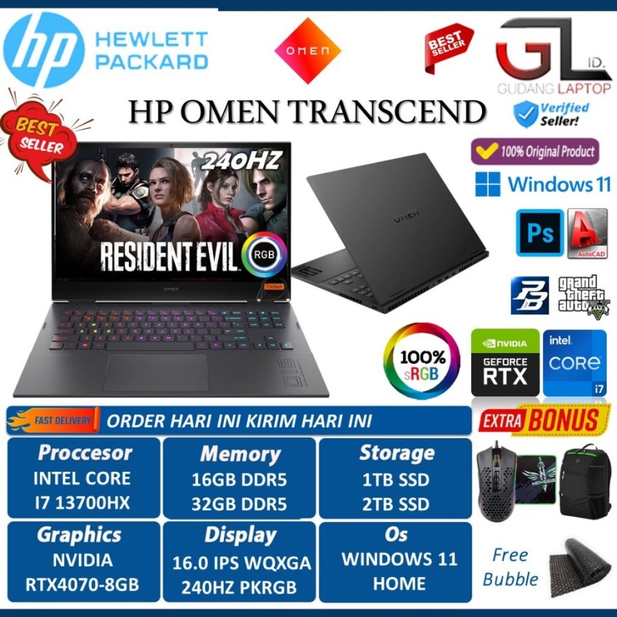 Hp Omen Transcend 16 Intel Core I7 13700Hx 32GB 2TB RTX 4070 16 Inch Wqxga 165Hz