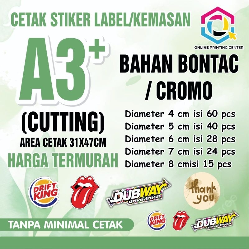 

CETAK STIKER BONTAC CHROMO + CUTTING UKURAN A3+ TERMURAH BERKUALITAS PRINT STICKER LABEL KEMASAN MURAH