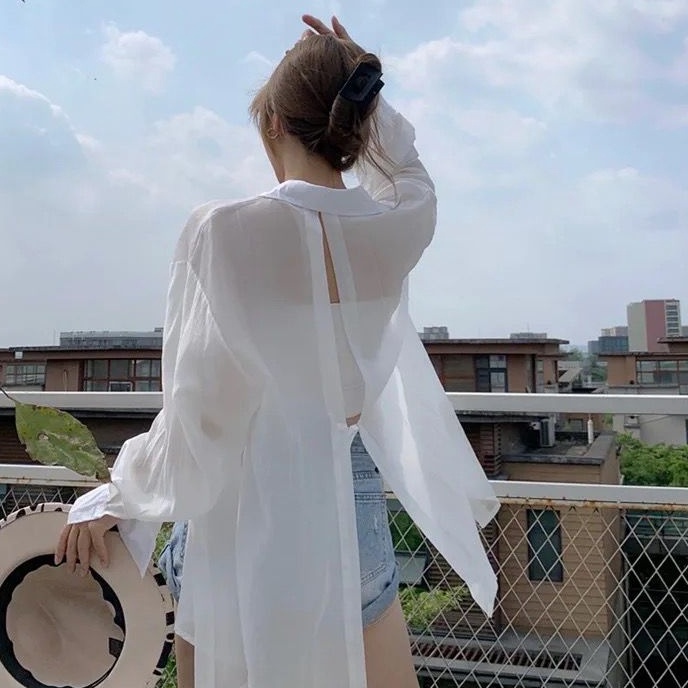Terbatas id96  Kemeja Korean Transparan  Kemeja Oversized  Transparan Kemeja OOTD  XXL Kemeja  Kemej