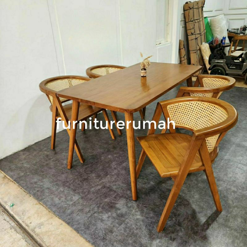 meja makan 4 kursi rotan kayu jati minimalis, set meja makan kayu jati 4 kursi rotan minimalis