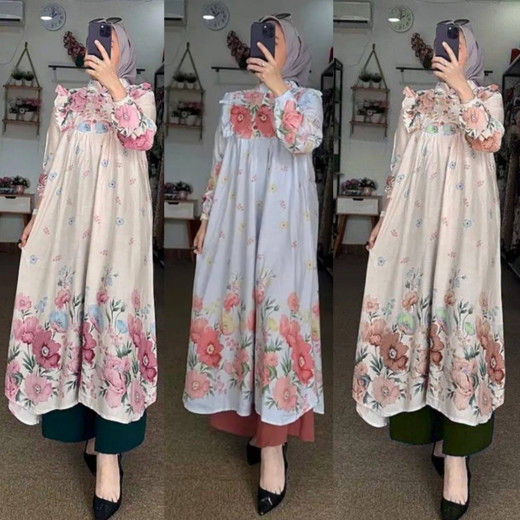 MAURA SET TUNIK RAYON- ONE SET TUNIK CELANA KULOT SIZE STANDAR-JUMBO, TUNIK BAHAN RAYON DIAMOND ADEM