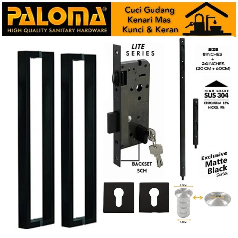 PALOMA Paket Pull Handle Tarikan Gagang Pintu Set Kunci Pintu Kayu kupu 2 Daun Hitam Matte Black PHP