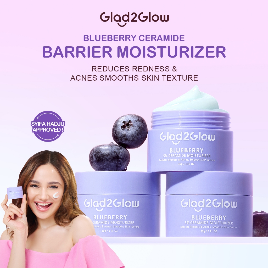 Glad2Glow Blueberry Moisturizer Cream 5x Ceramide Skin Barrier Repair 30g | Pelembab Wajah Pemutih W