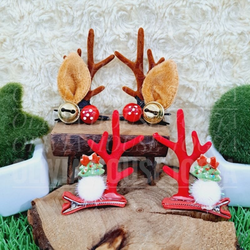 Jepit Rambut Natal Jepit Rambut Tanduk Rusa Coklat Christmas Jepit Rambut Anak Xmas Merah