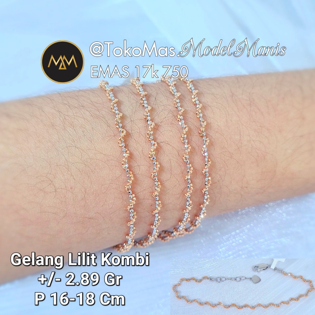 gelang tangan Italy biji lada lilit emas putih dan rose gold kadar 750