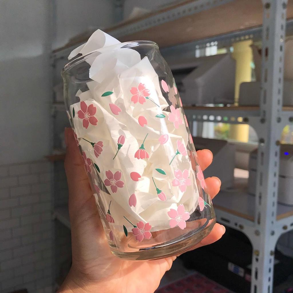 Gelas kaca motif bunga sakura/ gelas kaca aesthetic korea