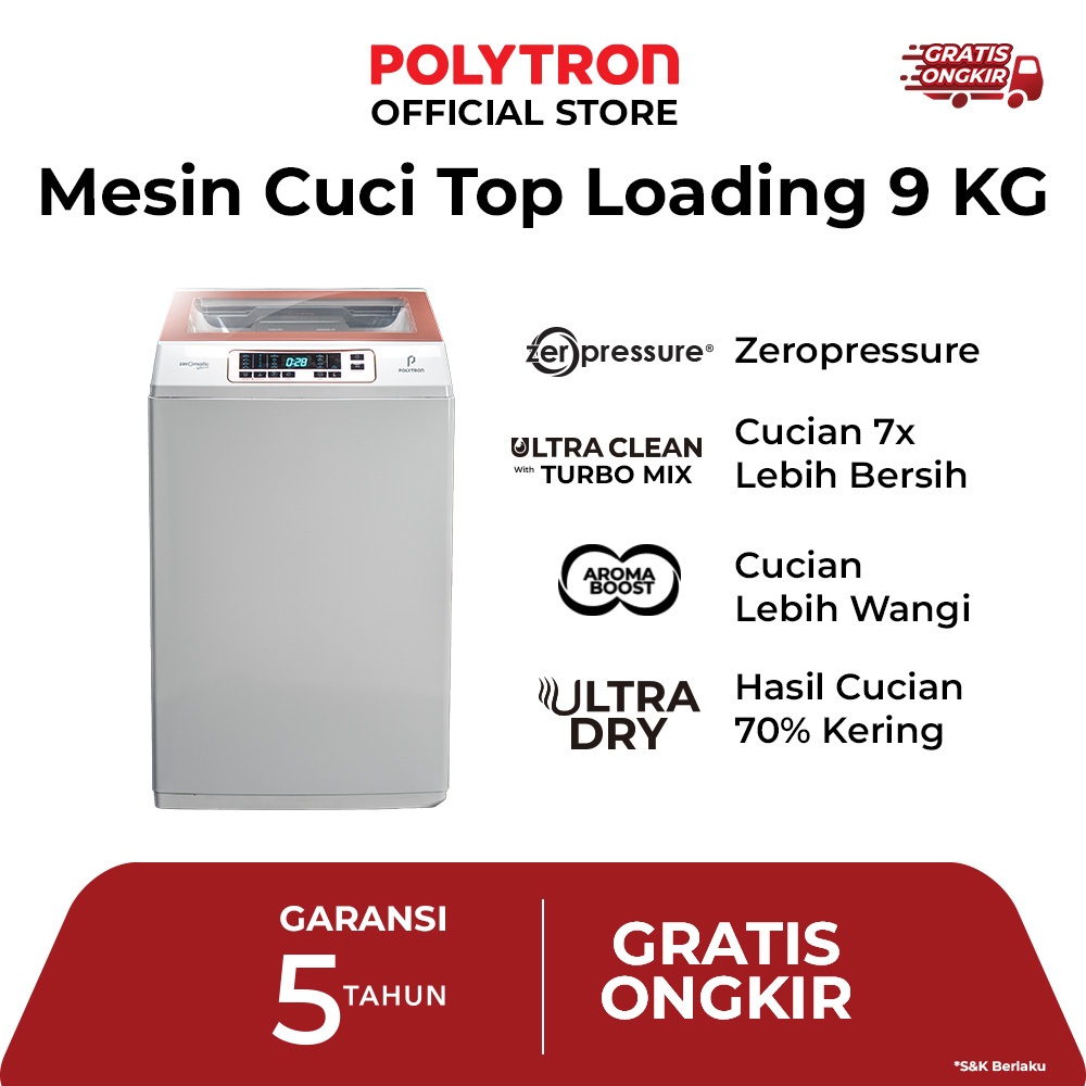 POLYTRON Mesin Cuci 1 Tabung Zeromatic Laguna series  Hijab 9 KG - PAW 9028W