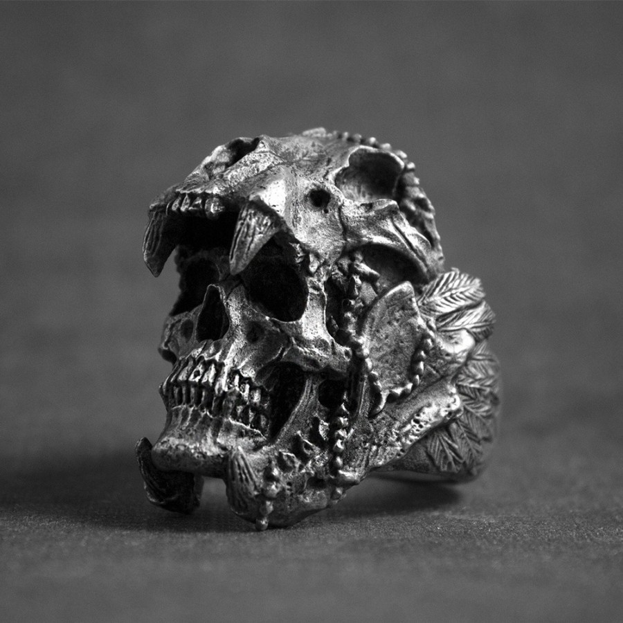 Cincin Tengkorak Helm / Cincin Kepala Tengkorak Taring Jaguar Unik Keren / Indian Jaguar Warrior Hea
