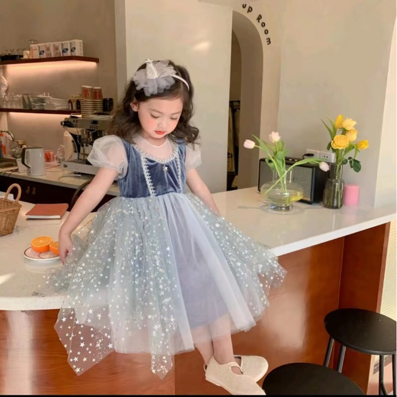 dress ulang tahun anak perempuan princess cantik velvet fashion glitter usia 1-8th gaun lengan pende