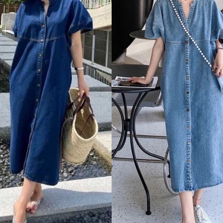 Langka Uxuclo Dres Buttons Matt Denim Jeans Premium Lengan PendekDres Denim Wanita