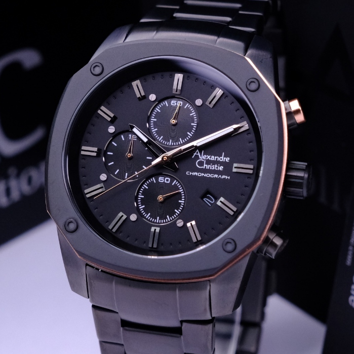 Alexandre Christie Pria Terbaru Chronograph Series Original Warna Black Ring Rosegold - AC6658