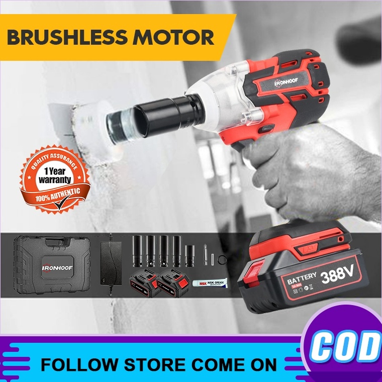 Stok Terbatas IRONHOOF Impact Wrench Brushless 42NM Mesin Bor Impact 388V