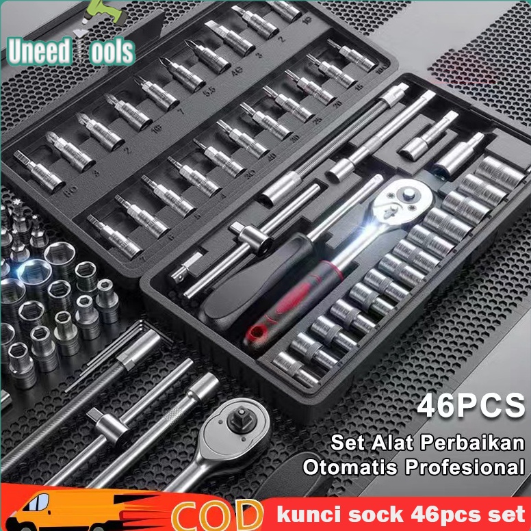 Terbaru COD UneedTools kunci shock set 46pcs BLACK Full Mobil Motor Lengkap Socket Tool kunci shock 