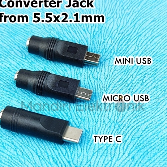 berkualitas Adapter DC Jack 55x21mm Female to Mini USB Micro USB Type C  Converter DC to USB belkang