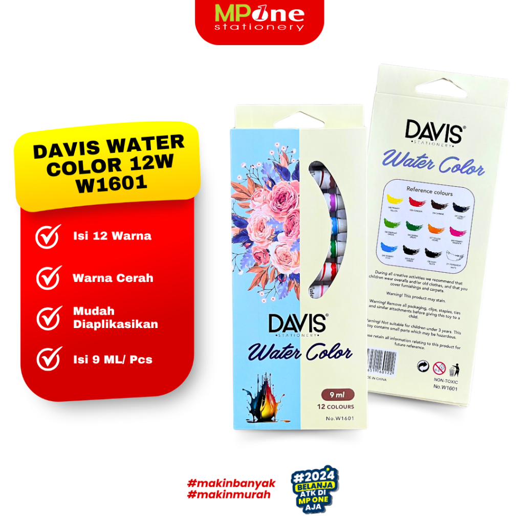 

Davis Water Color 12 Warna W1601 / Cat Air Warna Cat Lukis 12W Isi 9ML Davis