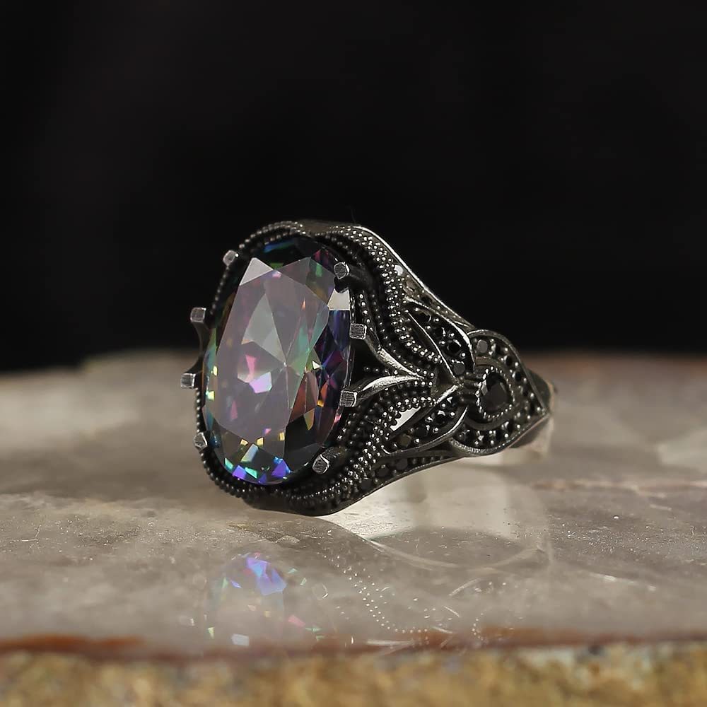 Cincin Ring Hitam Batu Black Rainbow - Black Oval Stone Classic Elegant Simple Synthetic Multicolor 
