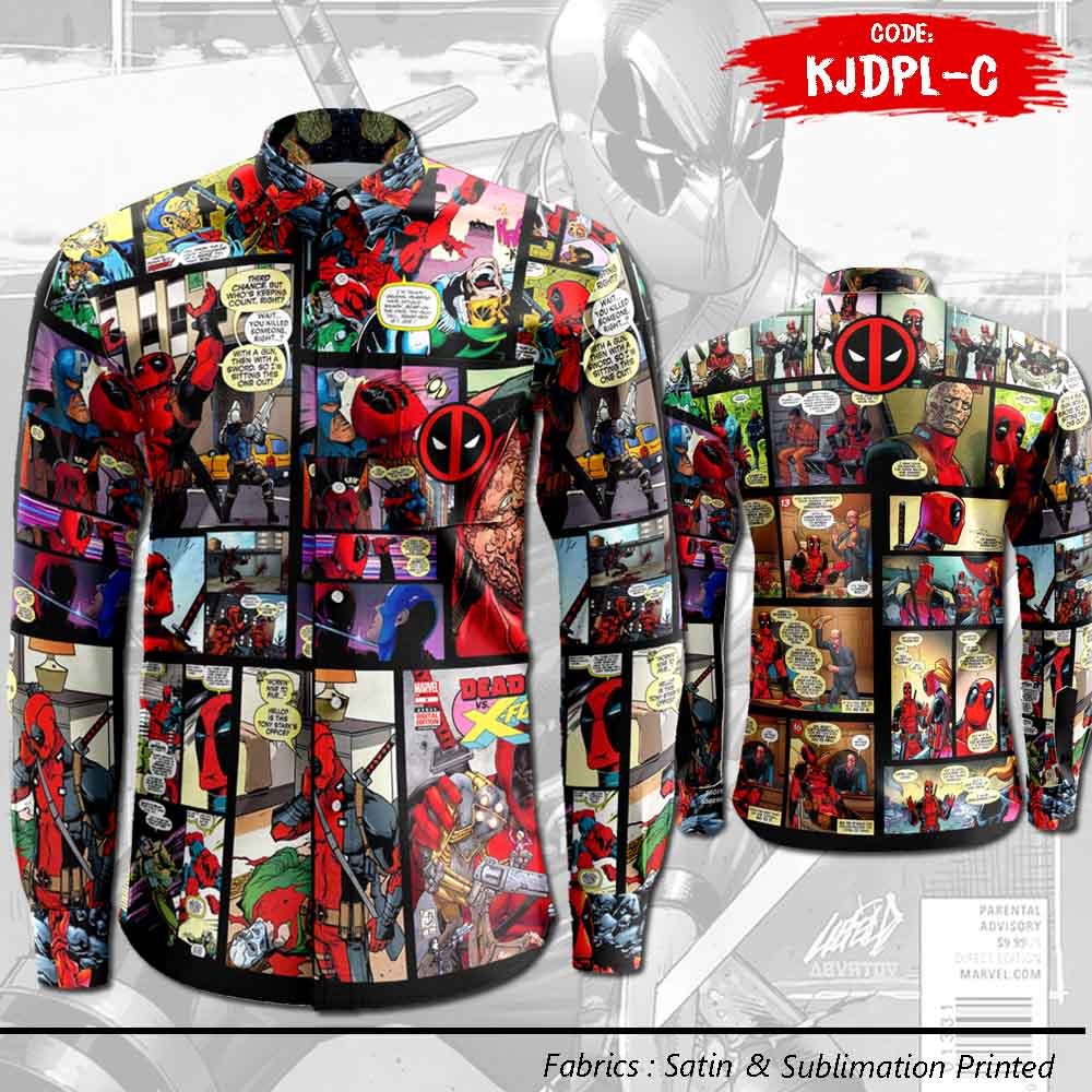 Kemeja Deadpool Comic Color, Kemeja Pria Wanita Motif Full Printing Terbaik