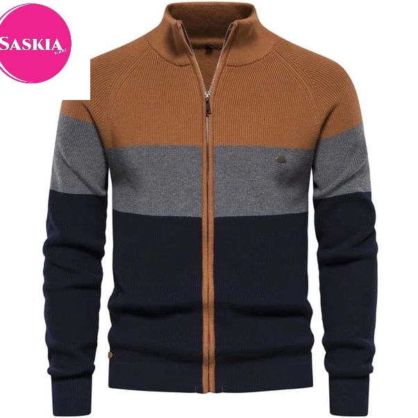 sweater rajut resleting garis pria