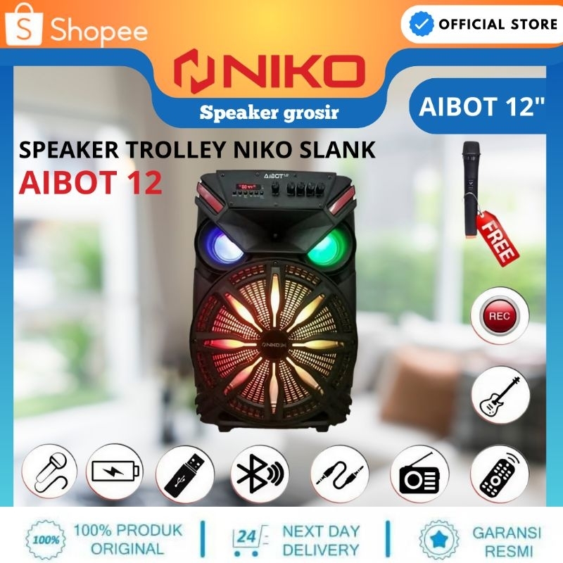 Speaker Trolley Niko slank aibot 12 bluetooth Wirelless Free 1 Mic wirelles AIBOT 12INCH