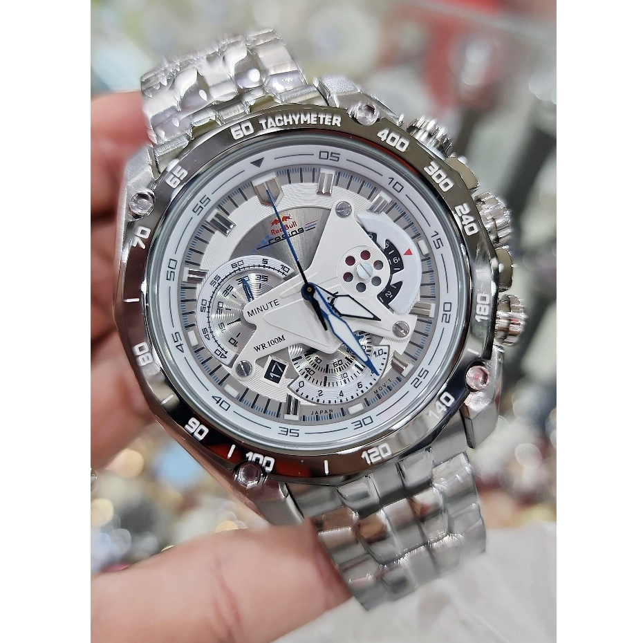 Jam Tangan Pria C*s*o ED*F*C* EF-550 RedBull Racing Chronograph White Dial Silver Steel