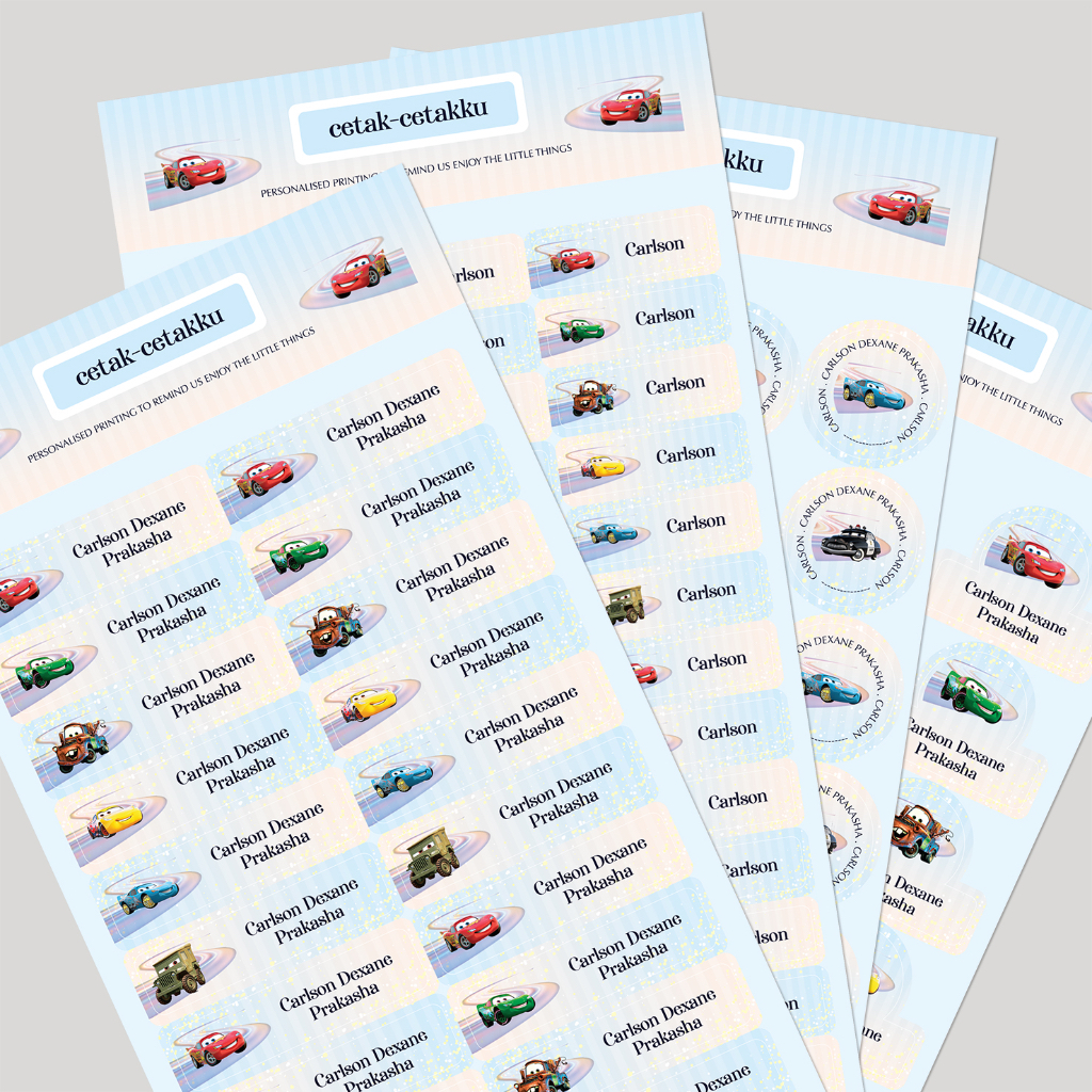 

CARS (Disney.Pixar) / STICKER NAMA COMBO PACK - 103 pcs (4 bentuk , 4 ukuran) / Sticker Vinyl Waterproof (tahan air & anti sobek) / Label Sekolah / Label Nama Anak