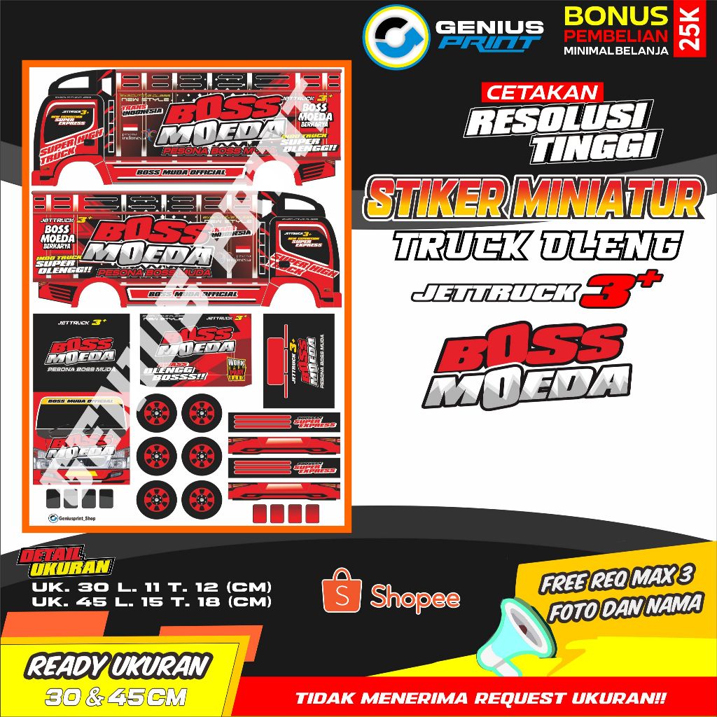 Stiker Mainan Miniatur Truk Oleng Motif HM Lombok | Boss Moeda | Boss Executive | Hasil Laut Ukuran 