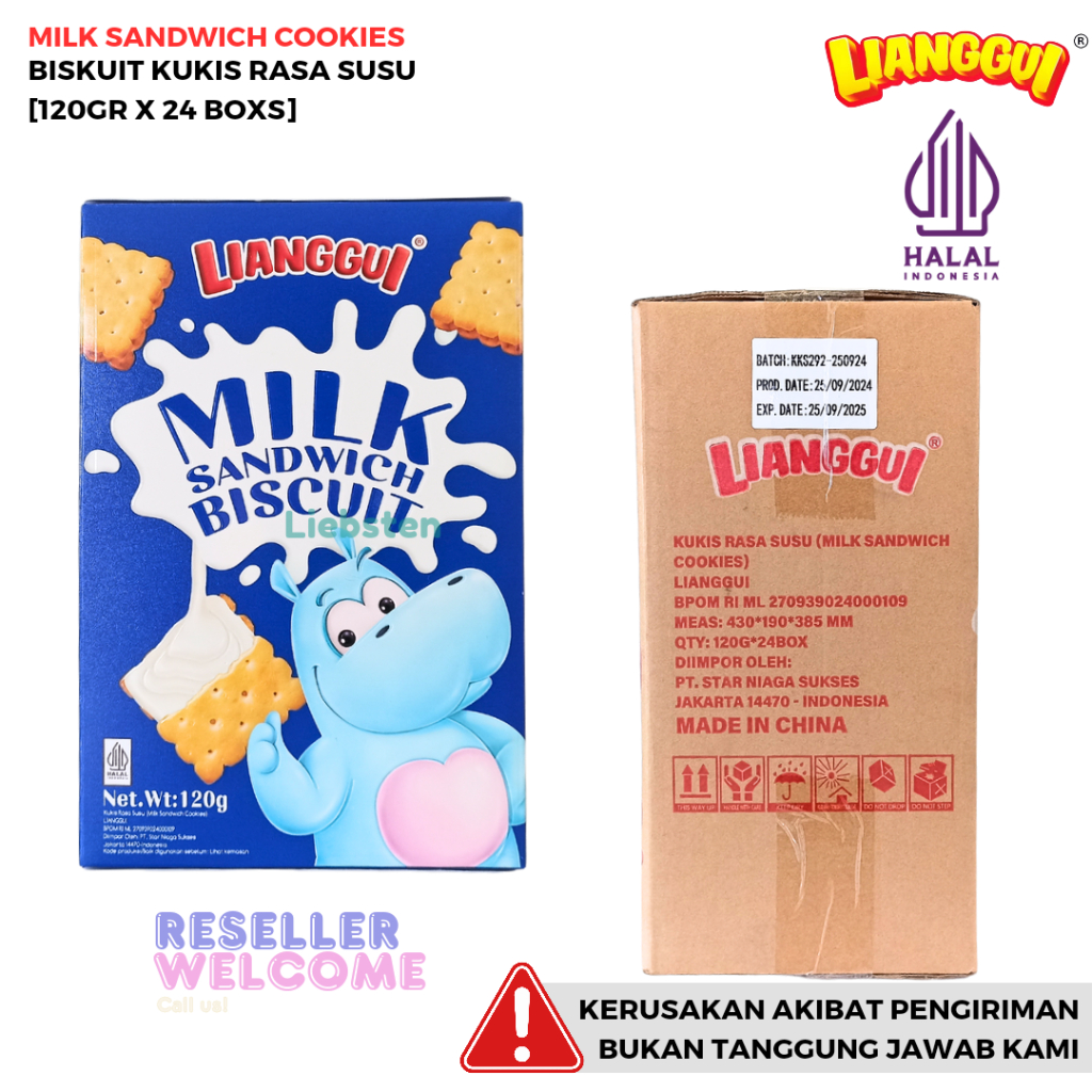 

Lianggui Biskuit Kukis Milk Sandwich Biscuit 120 Gr [1 Dus, Isi 24 Boxs]