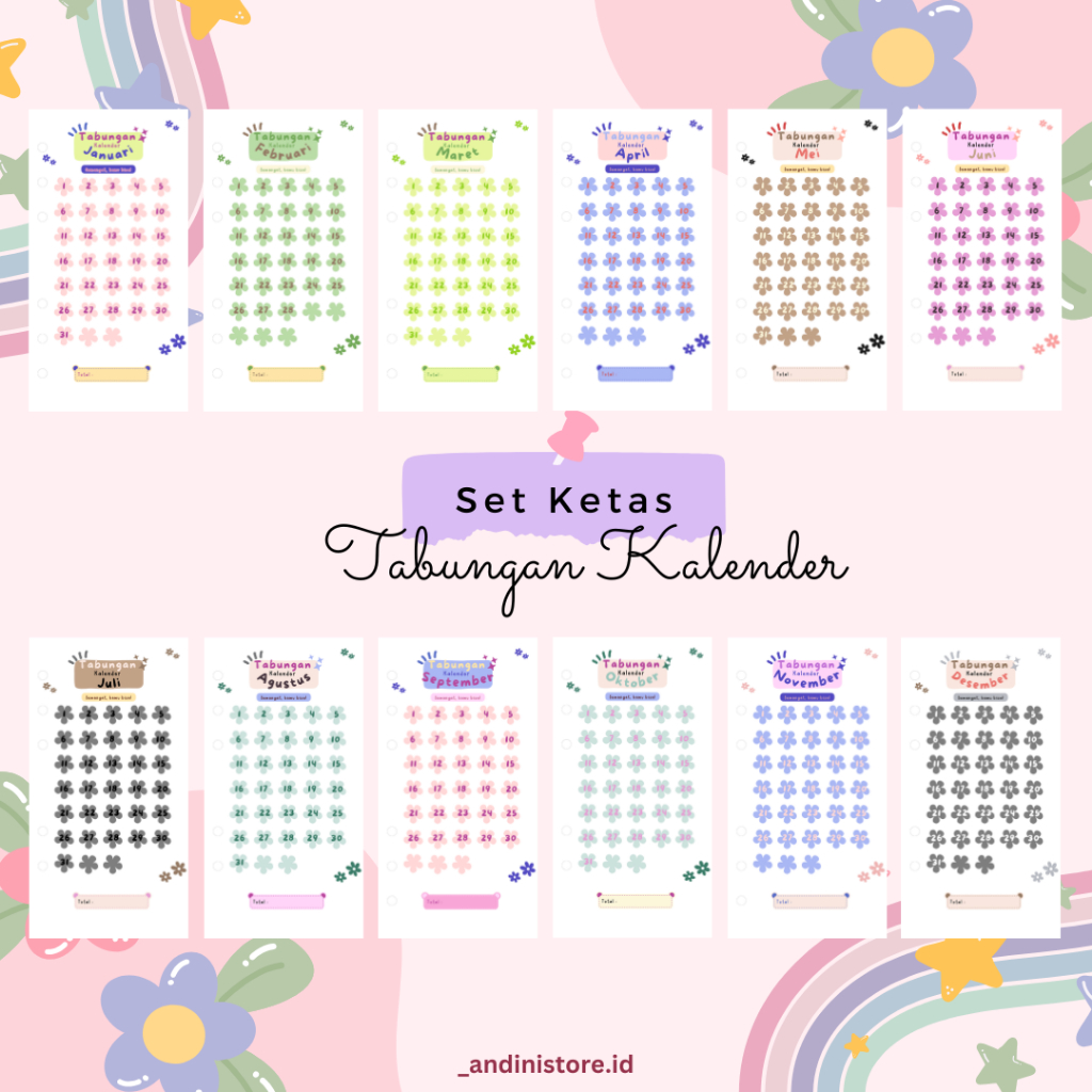 

(_andinistore.id) Set Kertas Tabungan Kalender Tebal 260 gsm, Saving Challange Isi Binder A6