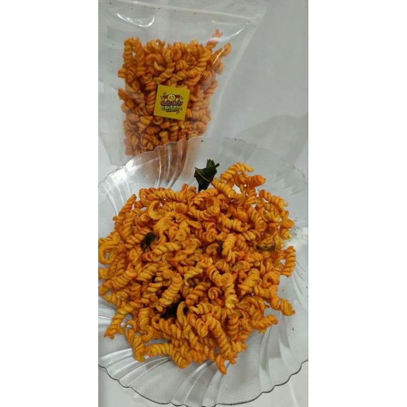 

Criu-Criu Cemilan Macaroni SPIRAL PEDAS DAUN JERUK125 gr