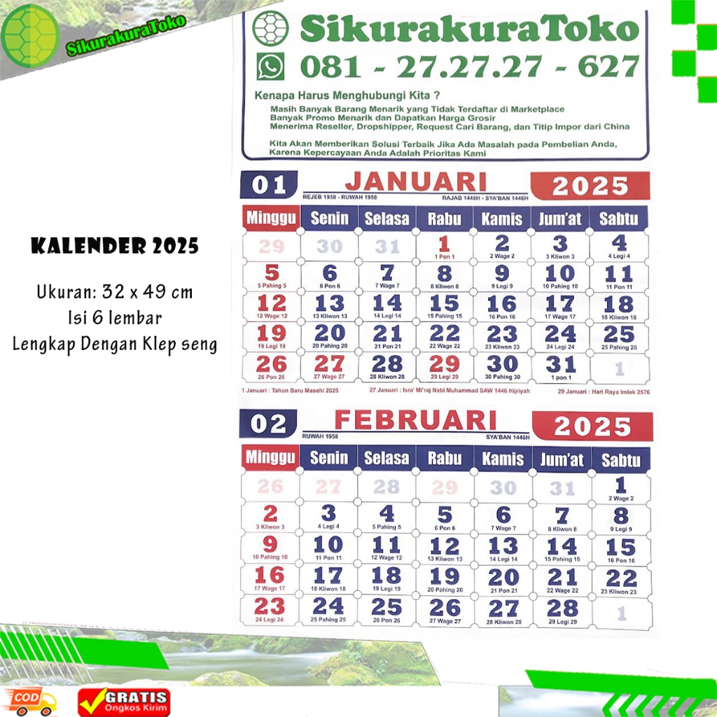 

(SKR) Kalender Tahun 2025 Tanggalan Dinding Kerja Sikurakura Toko 32 X 50 CM Isi 6 Lembar TH2025