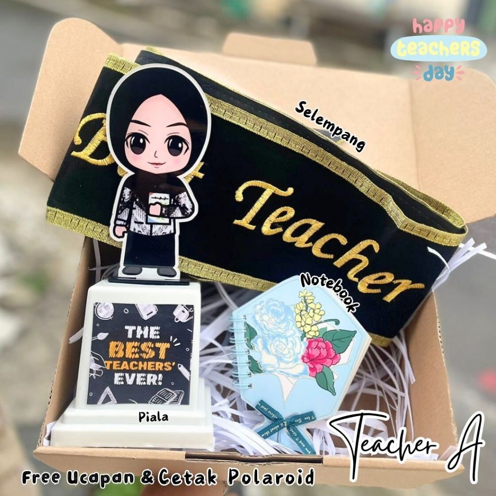 

(READY LNGSUNG KIRIM) Hamperes Kado Hari Guru Terbaik Hampers Best Teacher Day Gift Set Custom Piala Tropy Hijab Notebook Murah