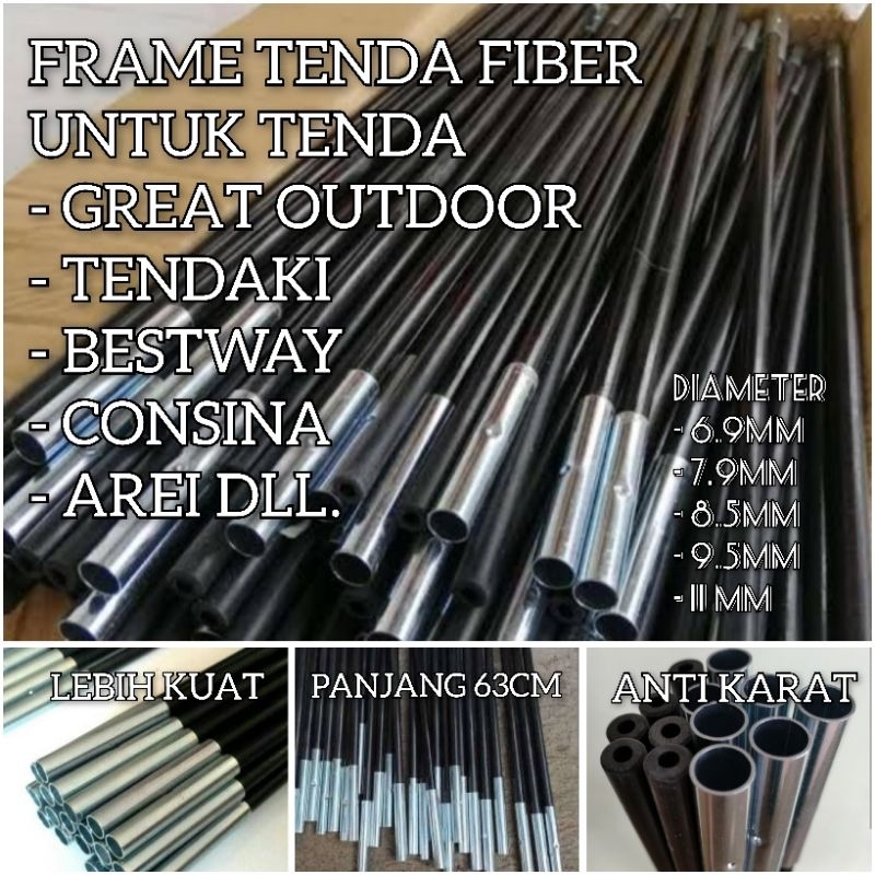 (COD) FRAME TENDA FIBER 6.9/7.9/8,5/9.5/11MM PANJANG 63CM/ TIANG TENDA KAPASITAS 4 ORANG / FRAME TEN