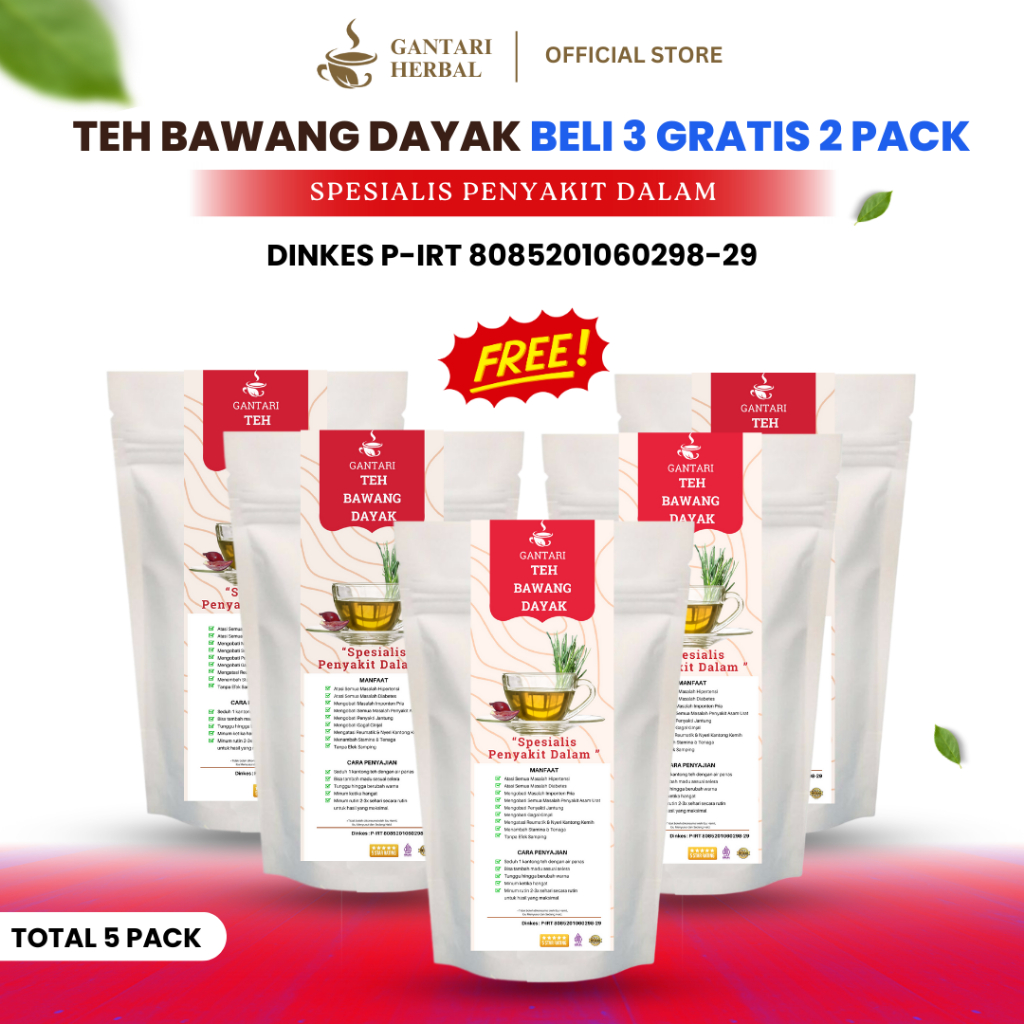 

Gantari Teh Bawang Dayak / Mengatasi Hipertensi Diabetes & Kolesterol 100 Kantong Teh / Paket 5 Pack