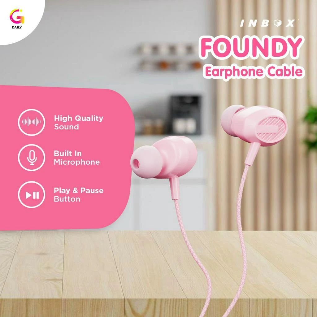 Inbox Foundy Headset Kabel Bass With Mic Earphone Gaming Pink Series Jack 3.5mm Android