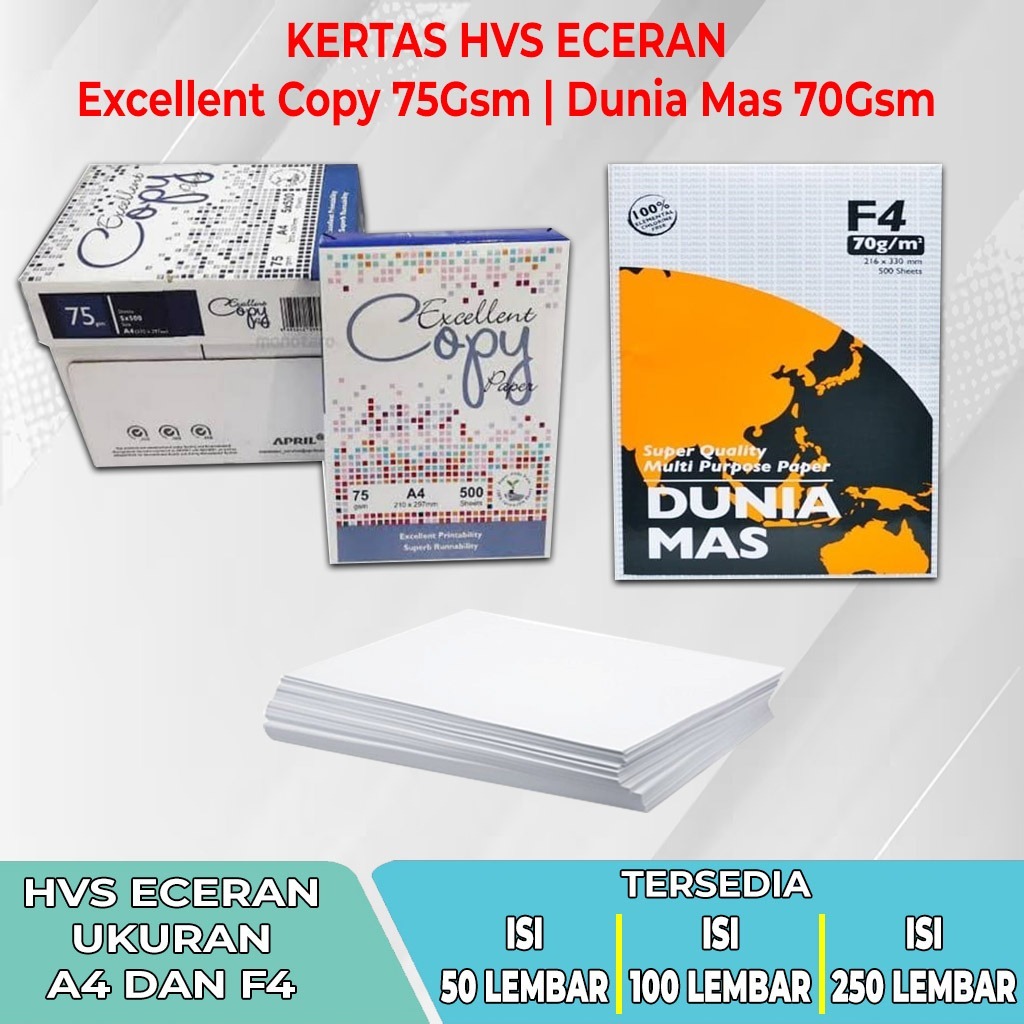 

[BISA INSTANT & COD] ECXELLENT COPY / DUNIA MAS HVS ECERAN A4 / F4 Isi 50 / 100 / 250 Lembar