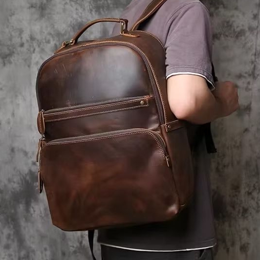 Tas Ransel Pria Kulit Asli Retro - Tas Kapasitas Besar Tas Laptop Kulit Asli Crazy Horse