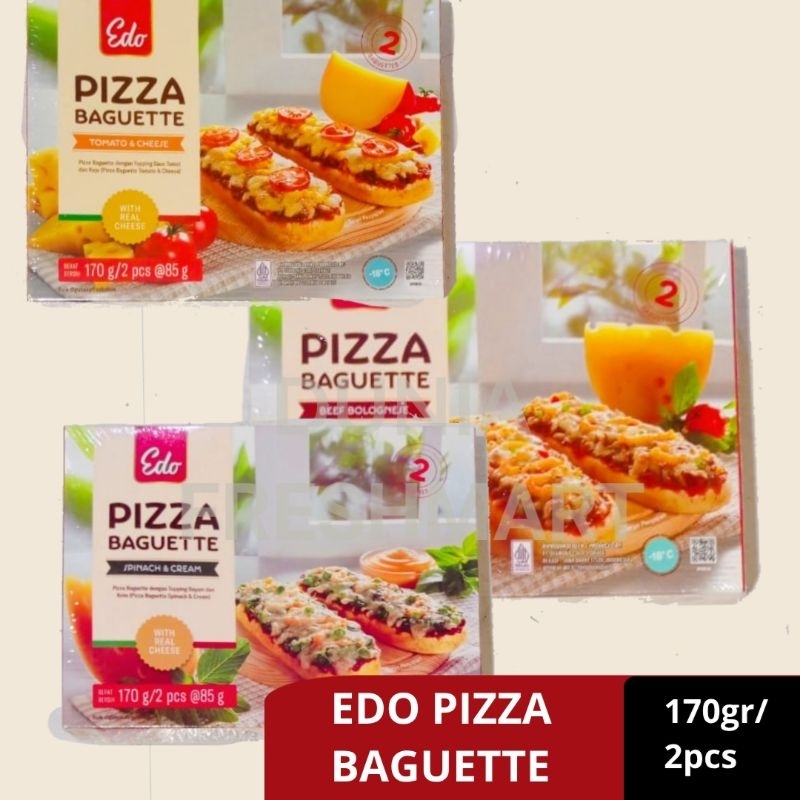 

EDO PIZZA BAGUETTE TOMATO CHEESE/SPINACH CREAM/BEEF BOLOGNESE 170GR /2PCS PIZZA FROZEN