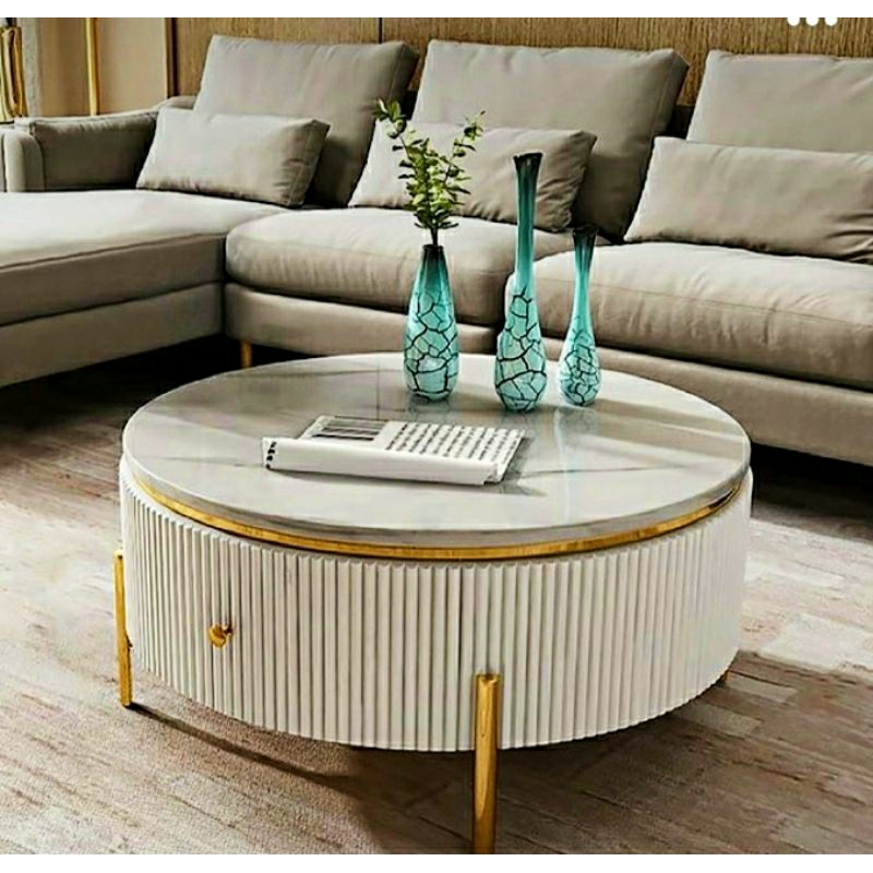 Meja tamu minimalis bulat laci hpl marmer aesthetic diameter 80 cm