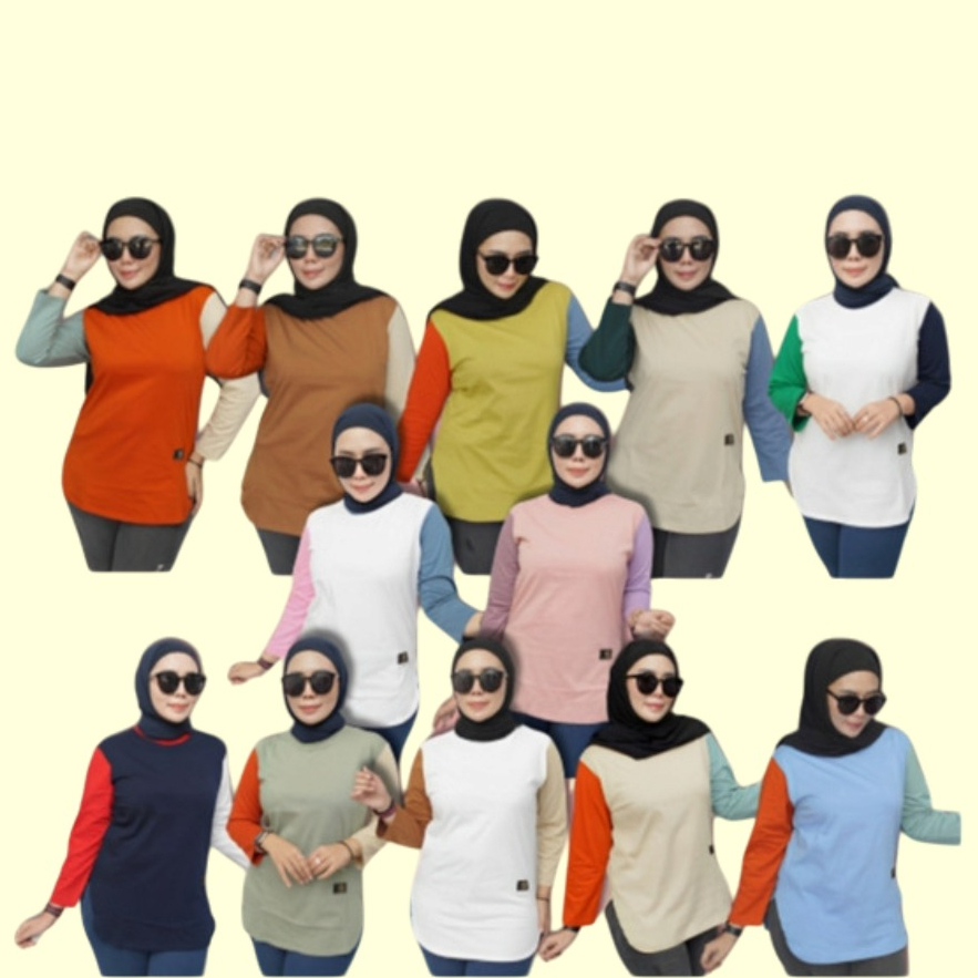 Kaos Wanita Kombinasi 3 Warna Model Oval Polos - Kaos Wanita Kombinasi Lengan Panjang - Kaos Wanita 