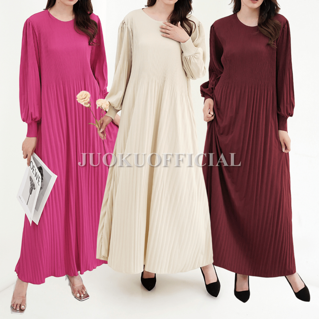 Maxi Dress Plisket Lidi Cabang Lengan Balon / Dress Lengan Panjang / Dress Panjang / Gaun Plisket Pa