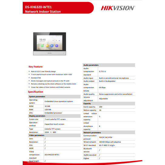 DS-KH6320-WTE1 Network Indoor Station hikvision