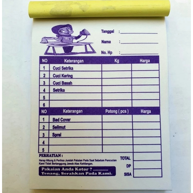 

NOTA LAUNDRY 2 ply / 2 rangkap warna warni motif ORANG SETRIKA PAKAIAN