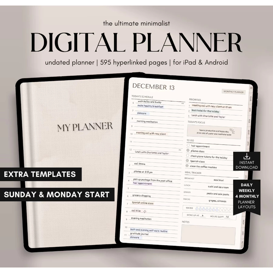 

Digital Planner Undated, iPad & Android Planner, GoodNotes Planner, Digital Calendar, Daily, Weekly, Monthly Journal, 2024 2025 iPad Planner