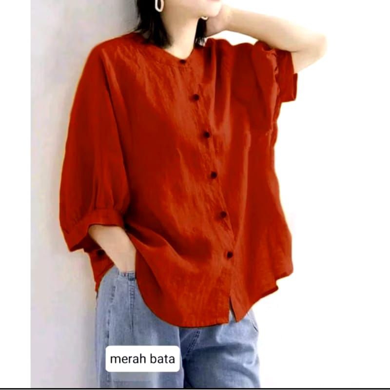 BLOUSE WANITA LINEN LEHER SHANGHAI JUMBO KEMEJA WANITA PREMIUM KERAH SHANGHAI