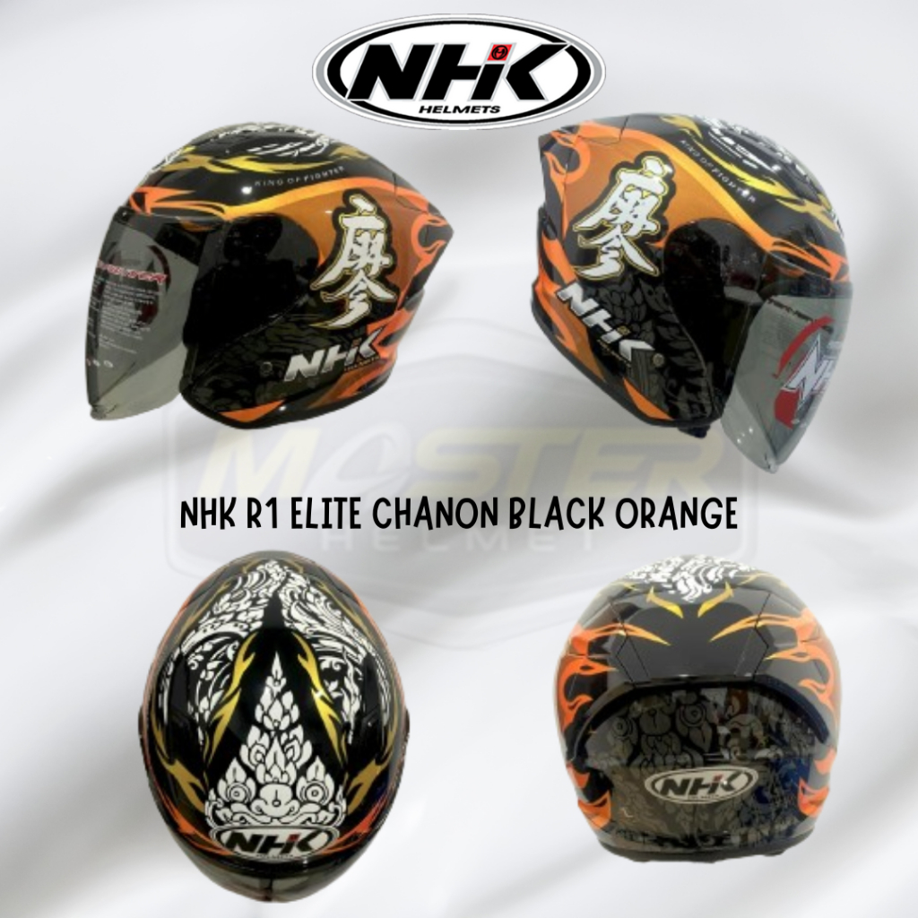 NHK R1 ELITE RIDER REPLIKA CHANON BLACK ORANGE ORIGINAL | HELM MOTOR HALF FACE R ONE ELIT MOTIF GP E