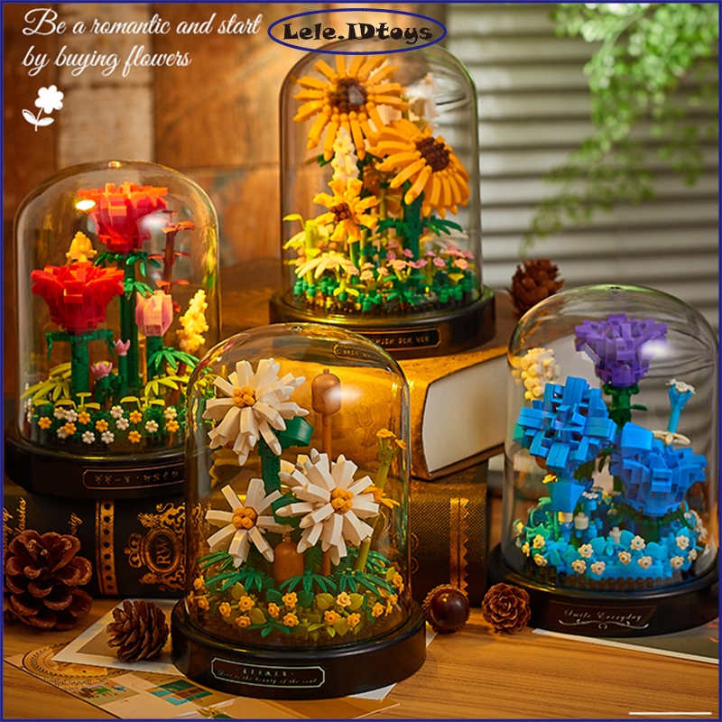 LELE Mainan Blok Bunga Batu Bata Kreatif 3D Hadiah Kotak Display Pot Bunga Bunga Abadi Romantis