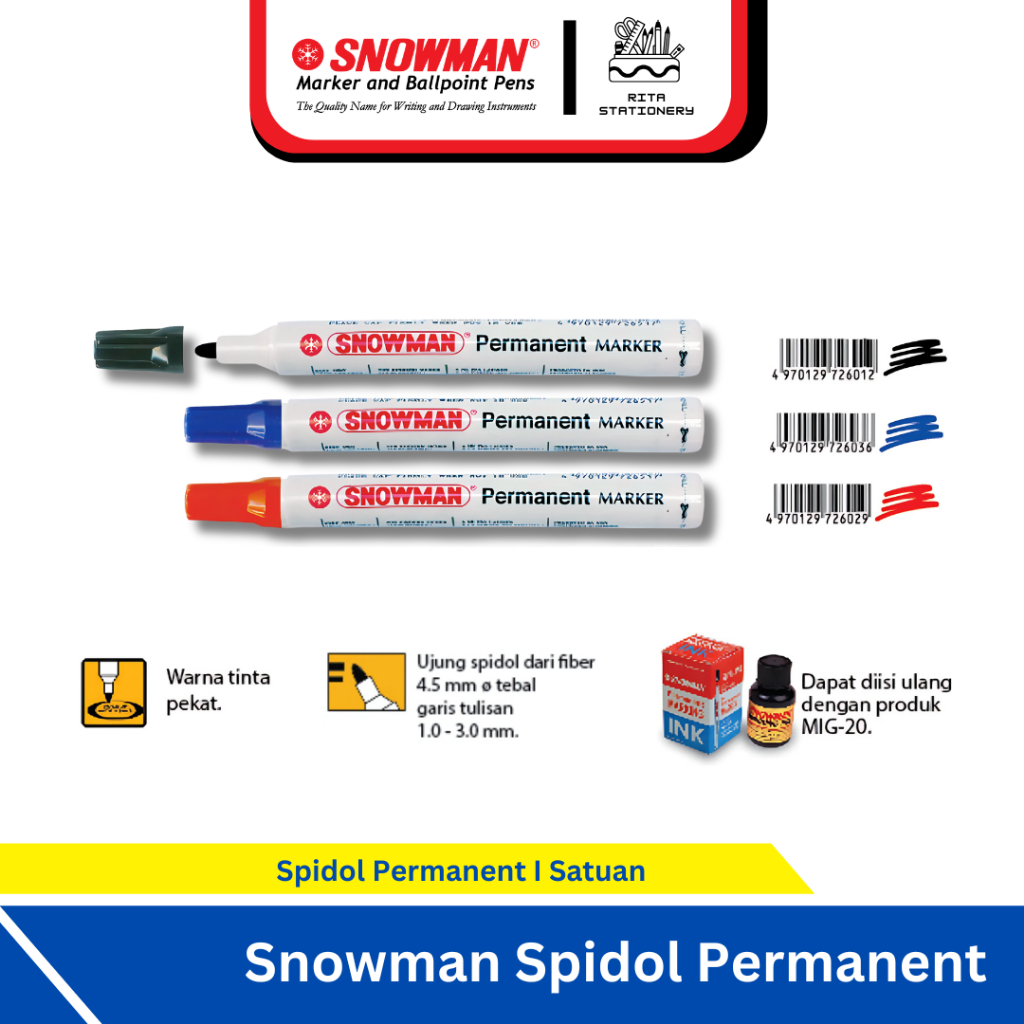 

Spidol Snowman Permanent Marker Tidak Bisa Dihapus Papan Tulis G-12 Serbaguna I Hitam Merah Biru - Satuan