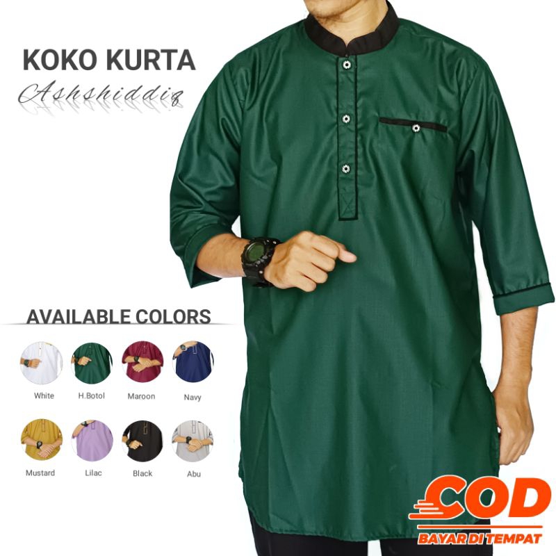original koko kurta ashshiddiq - baju koko kurta pria dewasa lengan 3/4 warna mustard putih hijau